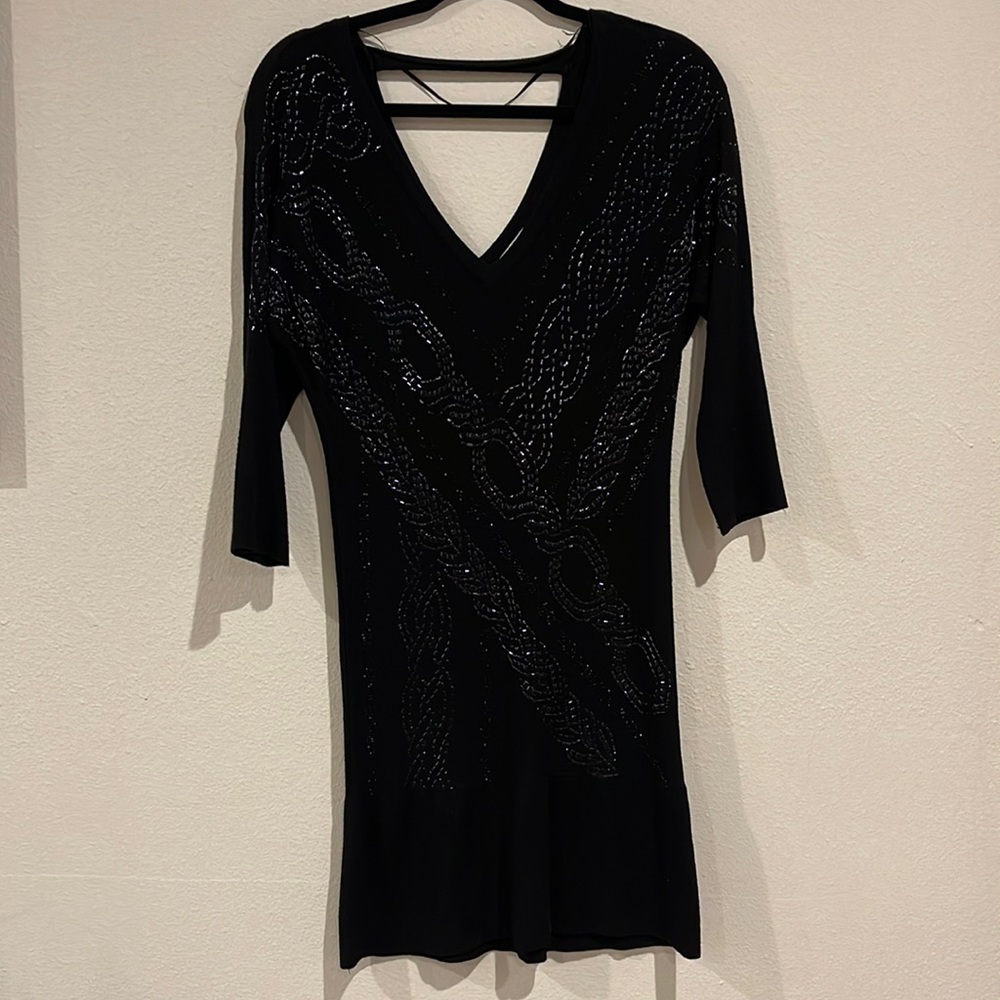 Small, Cache, Black V Neck Sequin Dress